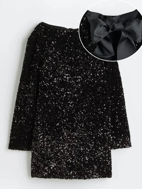 Amanda-Bow Sequin Long Sleeve Christmas Mini Dress