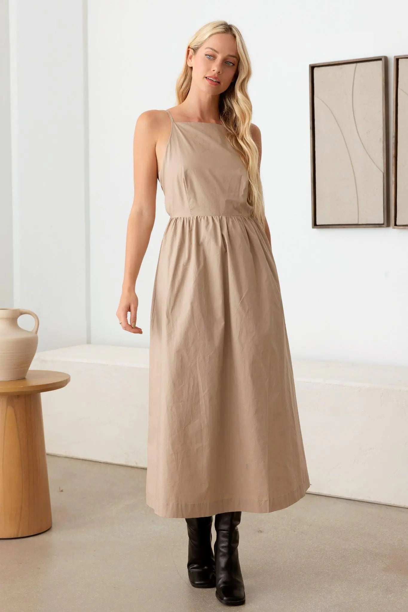 Natural Open Back Tie A-Silhouette Midi Dress