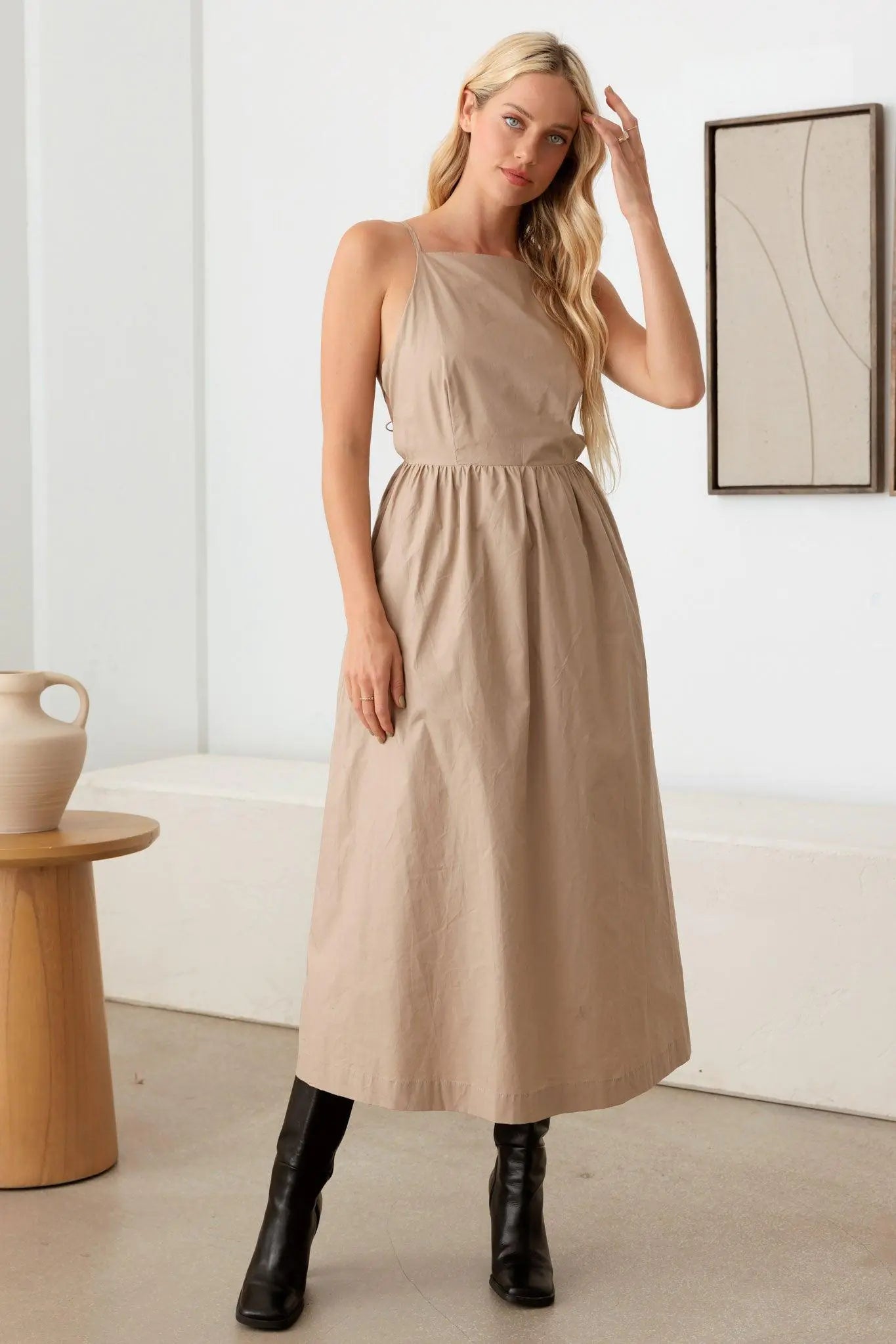 Natural Open Back Tie A-Silhouette Midi Dress