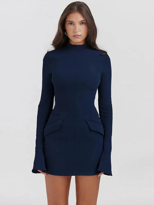 Elegant High Waist Dark Blue Mini Dress