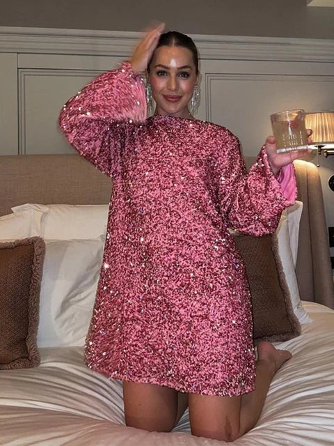 Amanda-Bow Sequin Long Sleeve Christmas Mini Dress