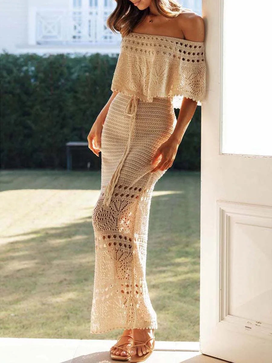 Guada- Elegant Beach Embroidered Knit Dress Off Shoulder