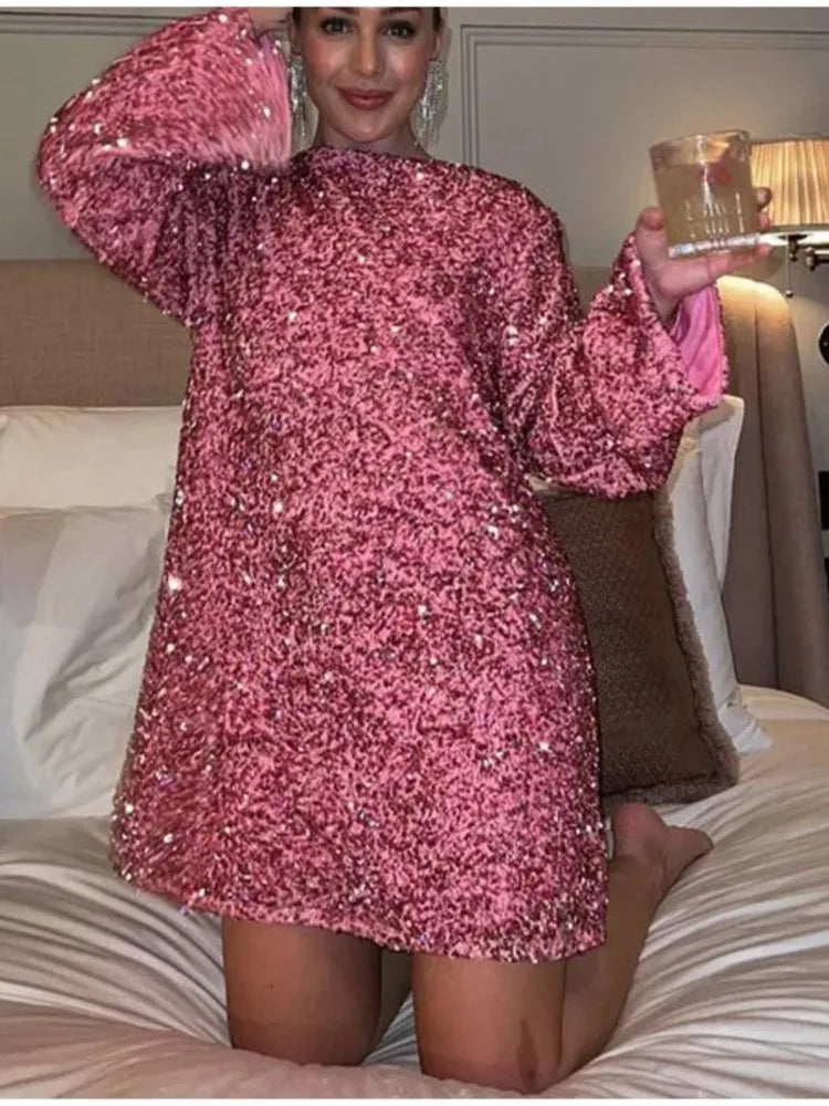 Amanda-Bow Sequin Long Sleeve Christmas Mini Dress