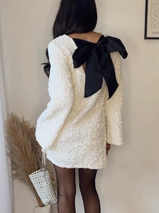 Amanda-Bow Sequin Long Sleeve Christmas Mini Dress
